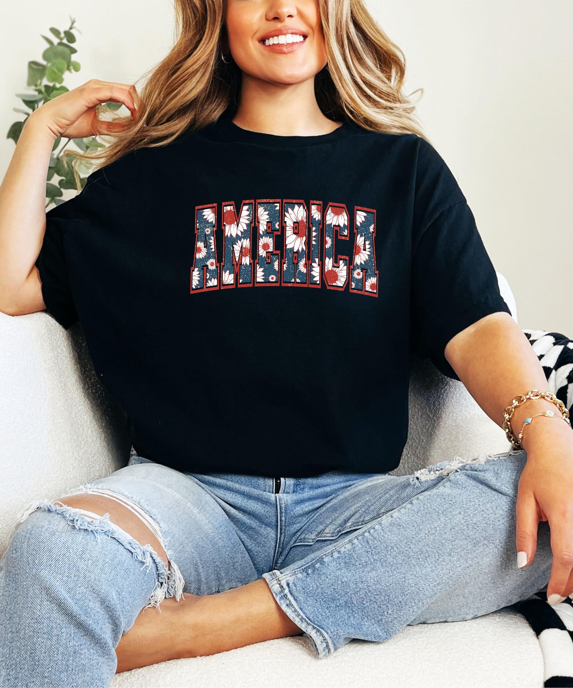 Family matching America sunflower tees for women, youth, and toddler girls