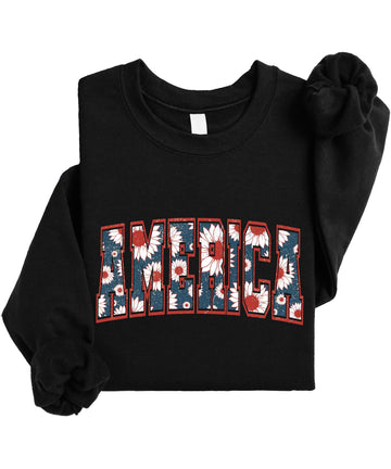 Olive Loves Apple America Sweatshirt for Women, Teens & Girls Trendy Floral Patriotic Sweater