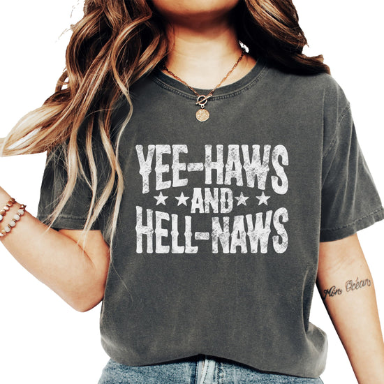 Close-up of Yee-Haws and Hell-Naws text design on ivory women's t-shirt