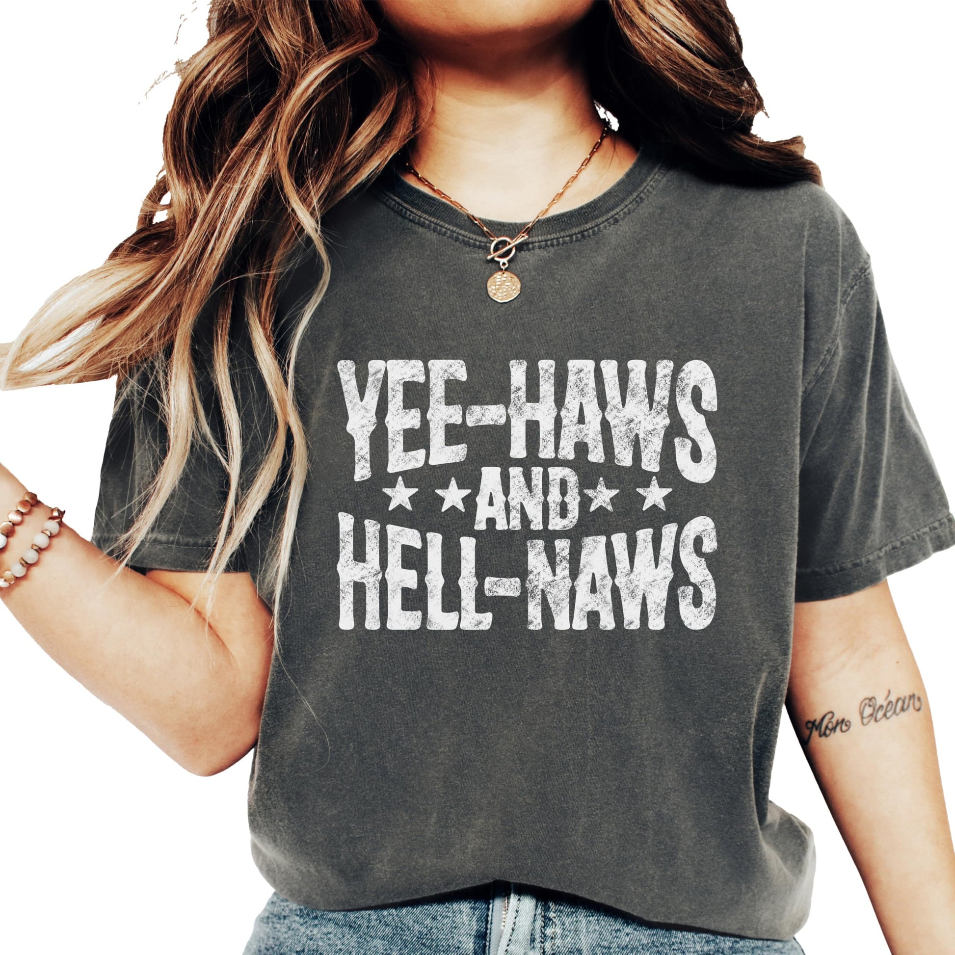 Close-up of Yee-Haws and Hell-Naws text design on ivory women's t-shirt