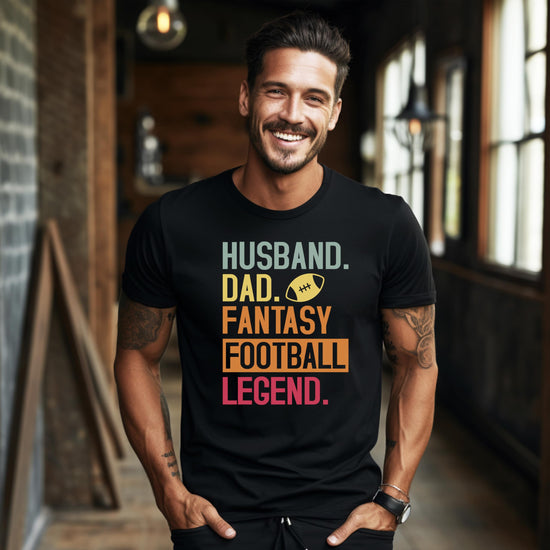 Husband Dad Fantasy Football Legend t-shirt laid flat showing full design
