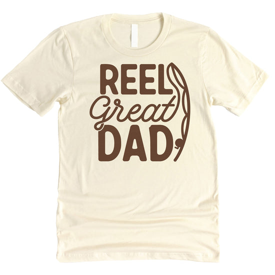 Reel Great Dad red fishing tee laid flat showing full graphic design