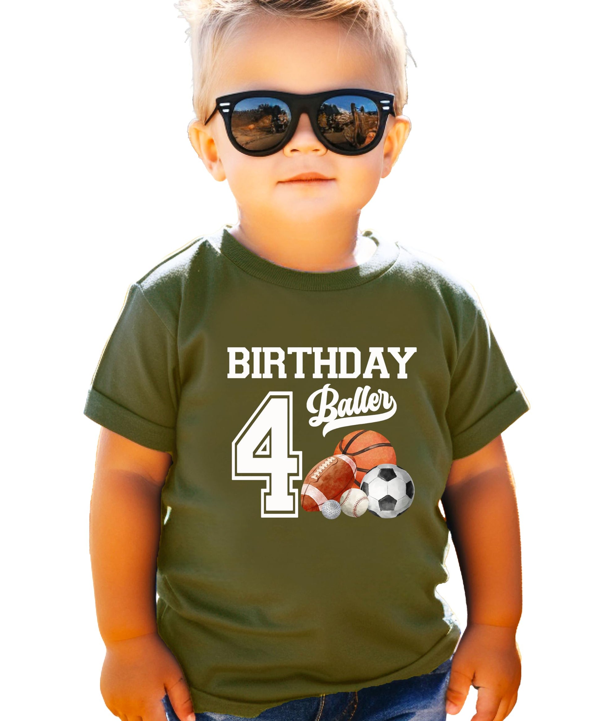 Young boy wearing 4th birthday sports theme graphic tee in granite heather color