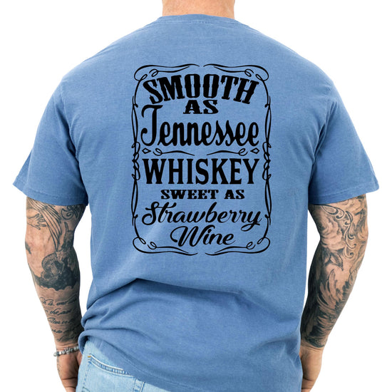 Close-up of front chest design on Smooth as Tennessee Whiskey country tee