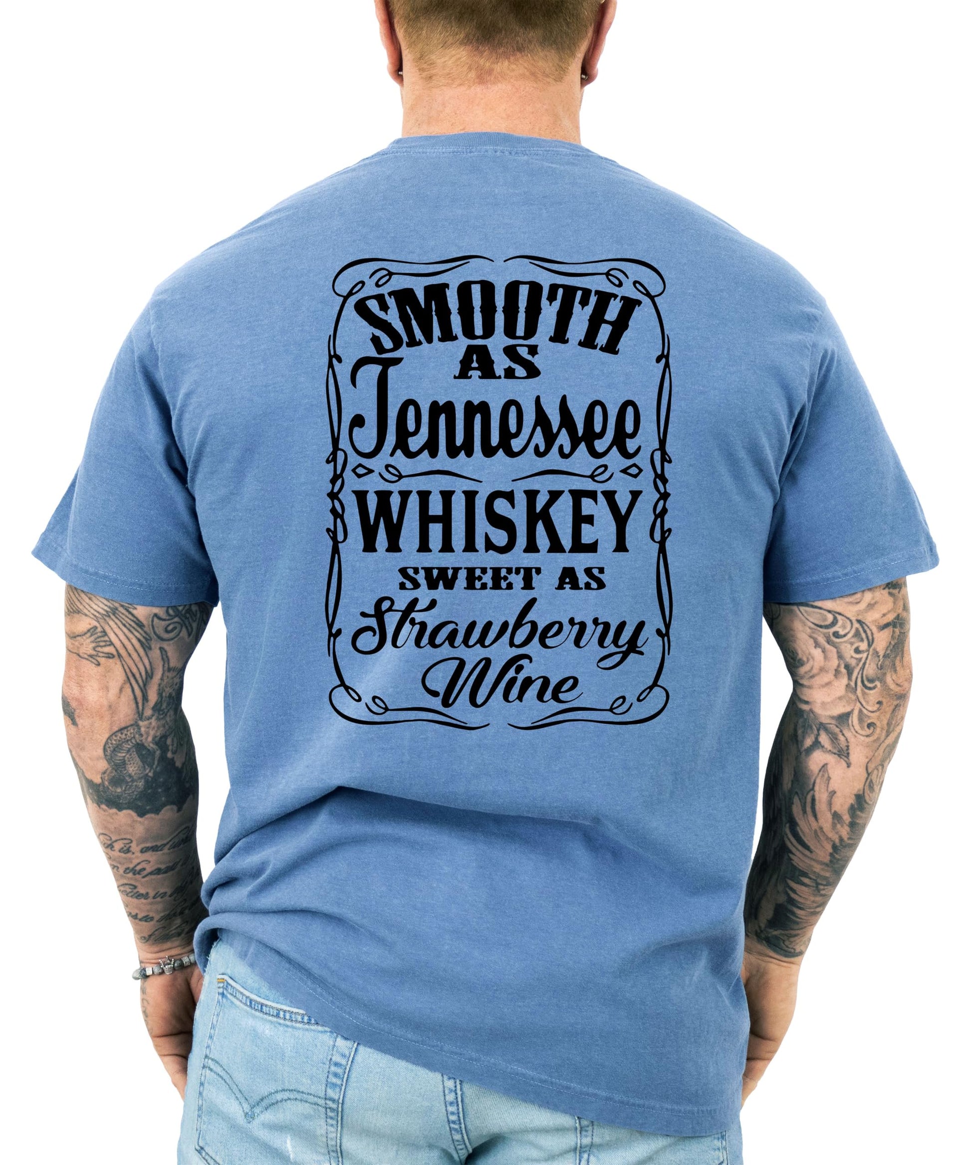 Close-up of front chest design on Smooth as Tennessee Whiskey country tee
