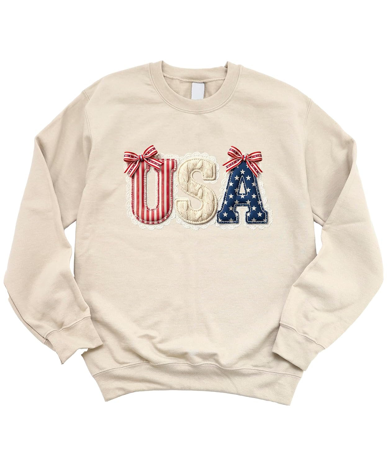 Flat lay of USA coquette sweatshirt showing full design with patriotic bow accents and lace trim