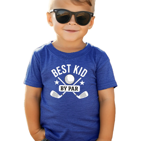 Front view of Best Kid By Par funny golf graphic tee for kids in vintage royal blue