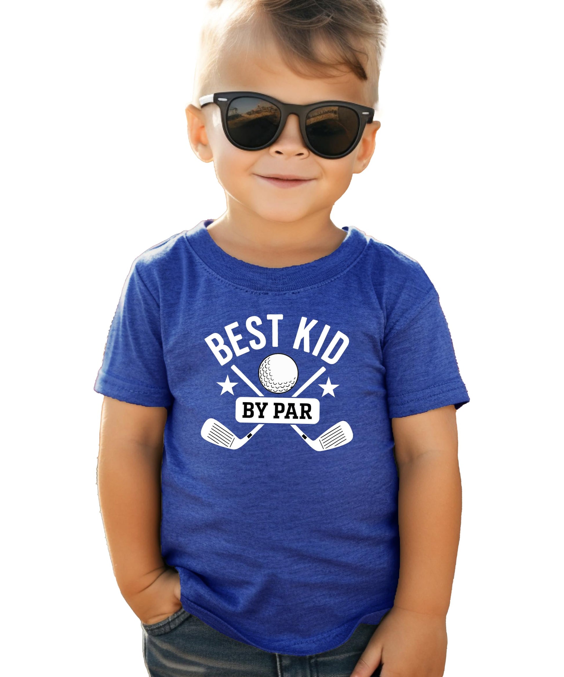 Front view of Best Kid By Par funny golf graphic tee for kids in vintage royal blue