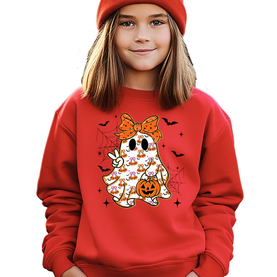 Side or back view of gray kids ghost Halloween graphic pullover sweatshirt