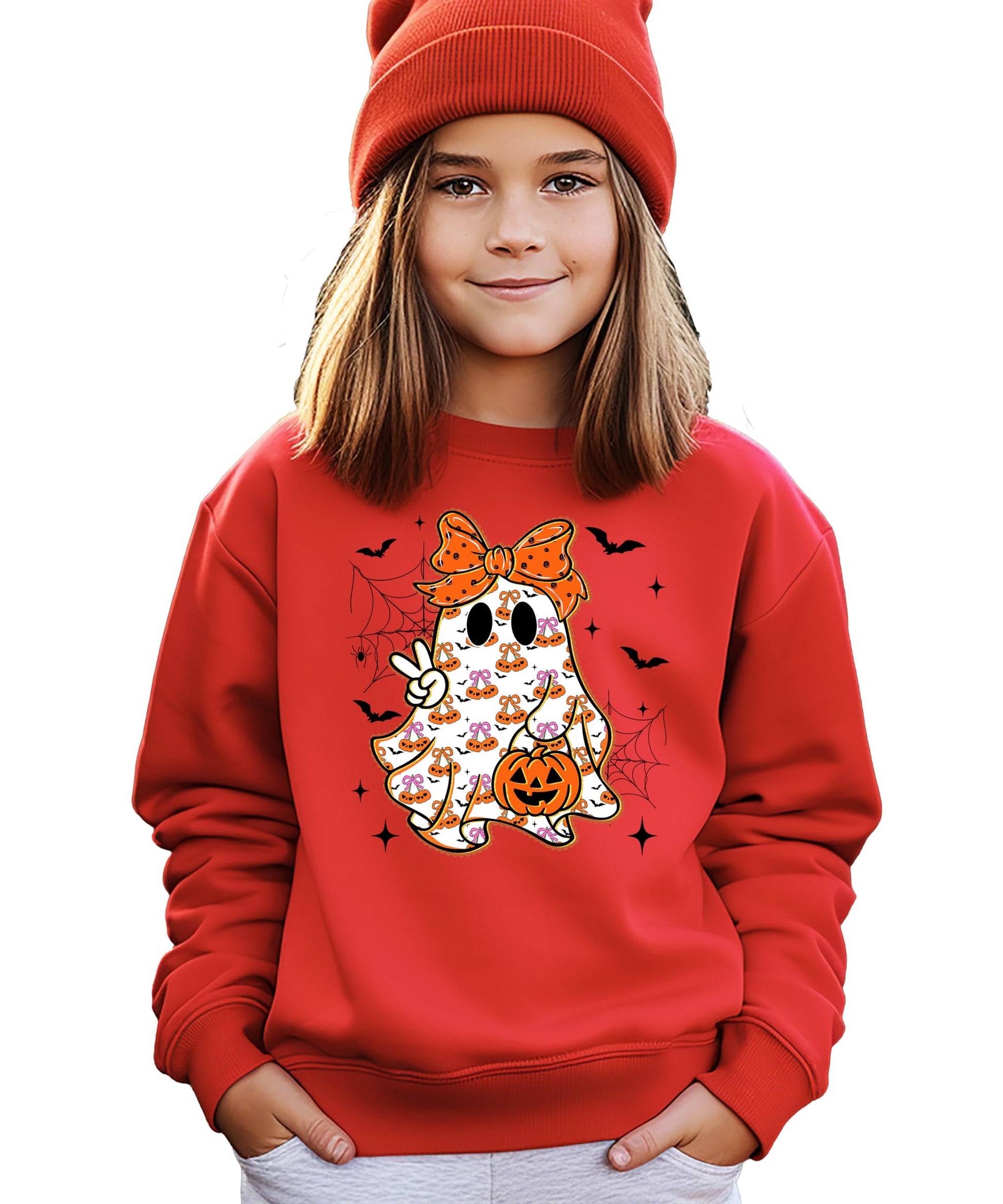 Side or back view of gray kids ghost Halloween graphic pullover sweatshirt