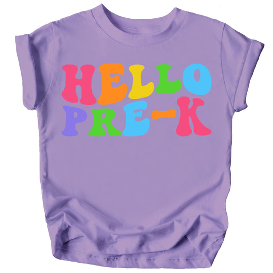 Close-up of Hello Pre-K wavy print design on purple kids graphic tee