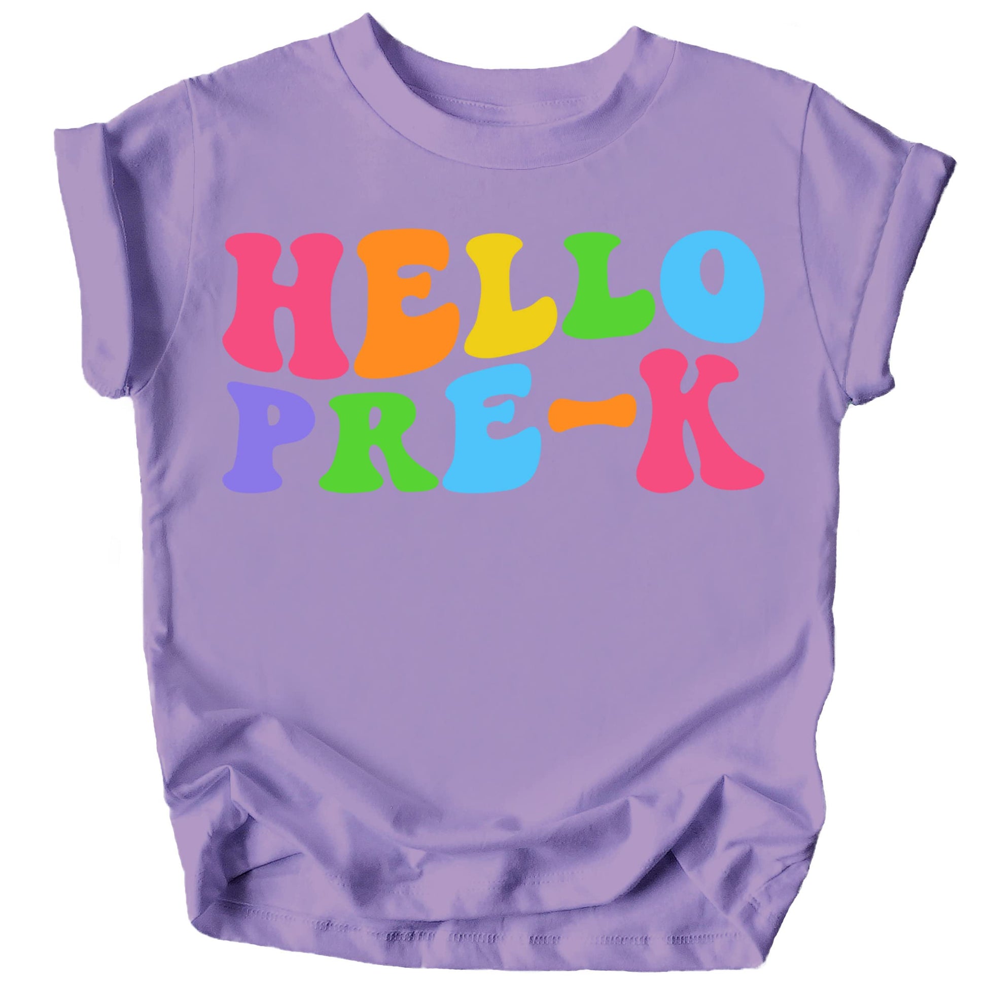 Close-up of Hello Pre-K wavy print design on purple kids graphic tee