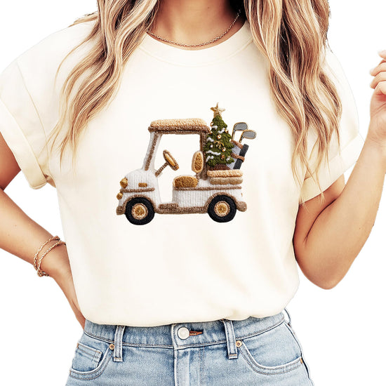 Side or detail view of Christmas golf cart tee showing print quality and fabric