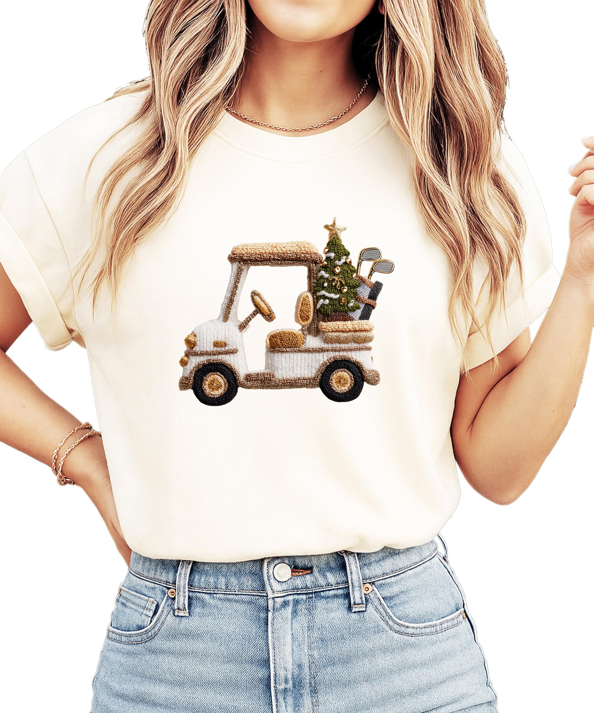 Side or detail view of Christmas golf cart tee showing print quality and fabric