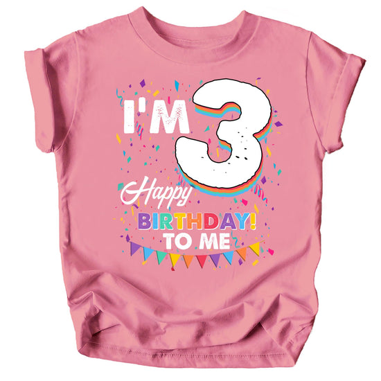 Kids mauve short sleeve graphic tee with 'I'm 3 Happy Birthday to Me' design for third birthday