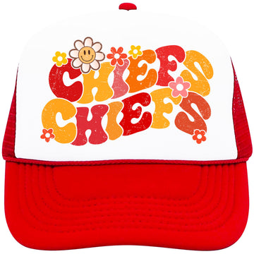 Groovy Floral Chiefs Trucker Hat for Women and Teens Girly Red and Gold Team Pride Snapback