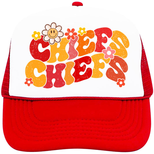 Groovy Floral Chiefs Trucker Hat for Women and Teens Girly Red and Gold Team Pride Snapback