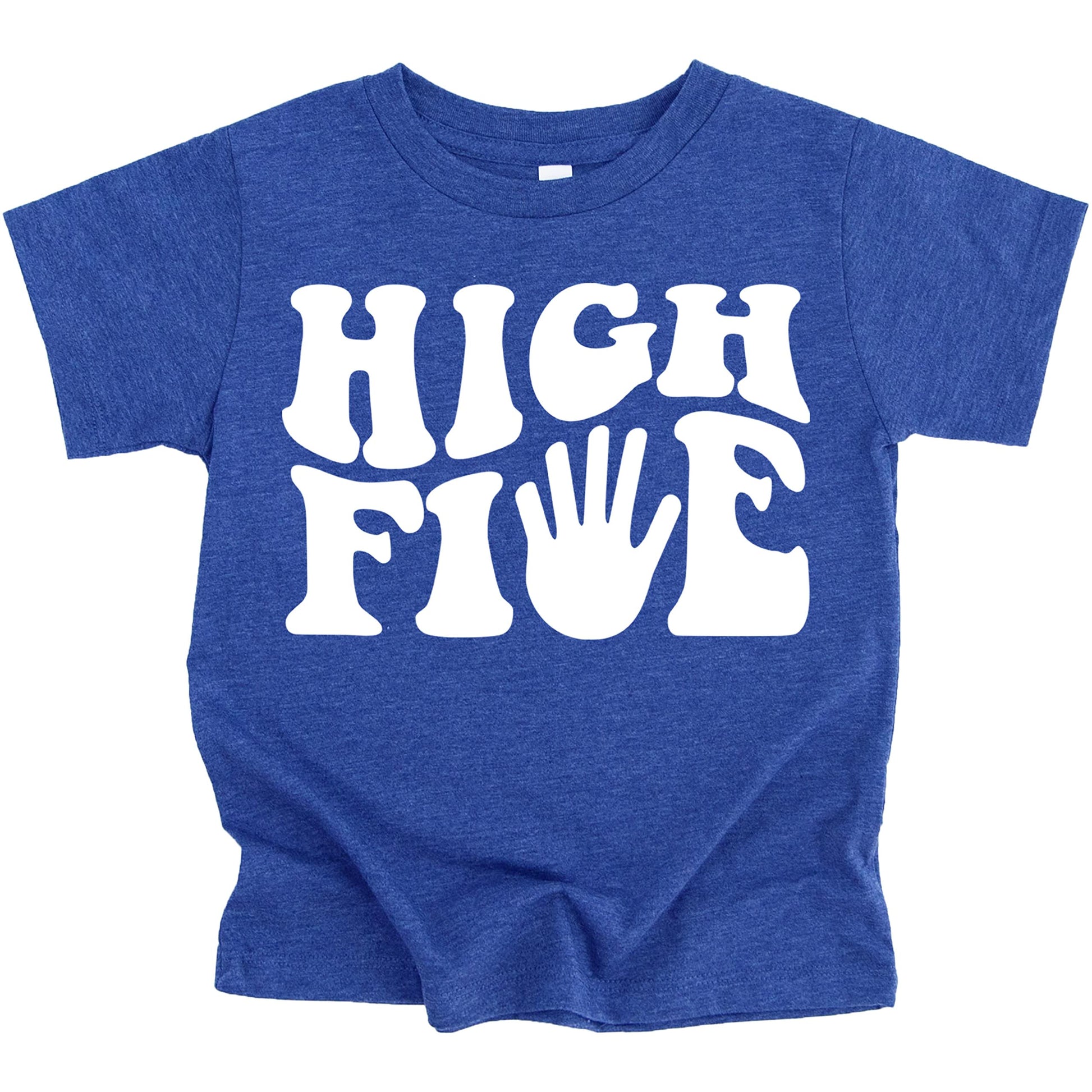 Flat lay of purple kids 5th birthday groovy shirt with High Five design