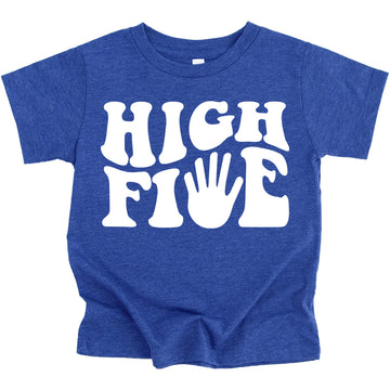 Flat lay of purple kids 5th birthday groovy shirt with High Five design
