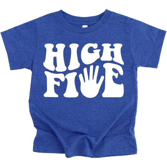 Flat lay of purple kids 5th birthday groovy shirt with High Five design