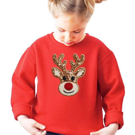 Black sweatshirt with cute ink-printed reindeer Christmas design for women and kids