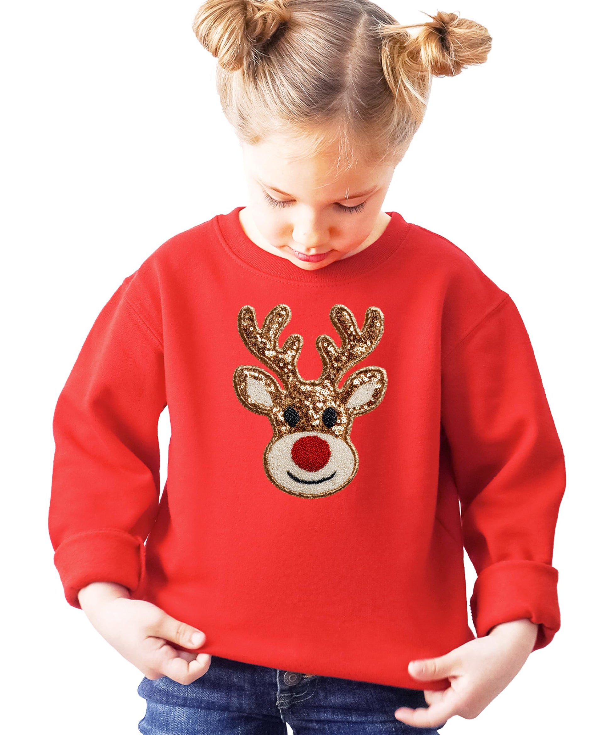 Black sweatshirt with cute ink-printed reindeer Christmas design for women and kids