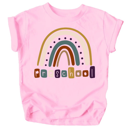 Close-up of rainbow back to school graphic print on mauve toddler shirt