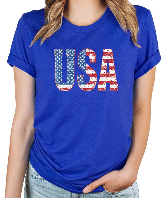 Family matching distressed USA flag shirts in black shown in multiple sizes