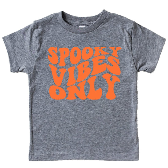 Spooky Vibes Only toddler Halloween tee size range display showing baby through youth sizing options