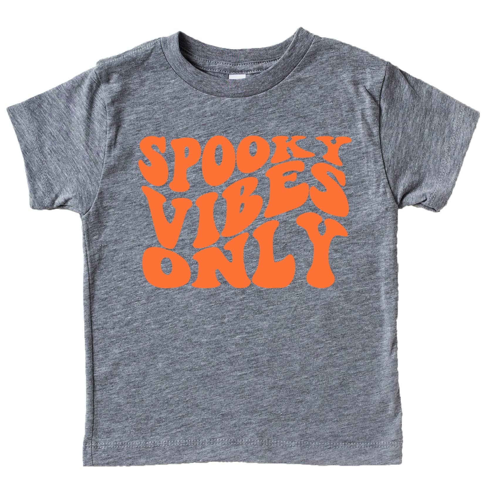 Spooky Vibes Only toddler Halloween tee size range display showing baby through youth sizing options