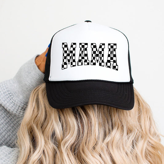Mama White and Black Checkered Foam Front Classic 5 Panel Mesh Snapback Trucker Hat