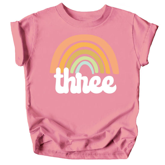Girls retro rainbow 3rd birthday shirt with colorful arc and third birthday graphic on purple tee