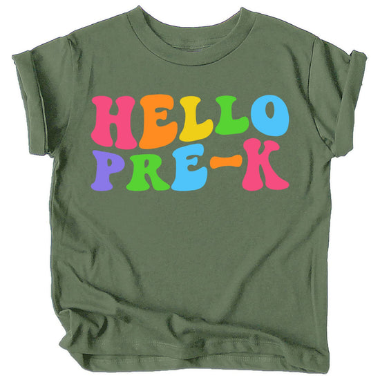 Hello Pre-K back to school kids shirt in purple with bold wavy lettering
