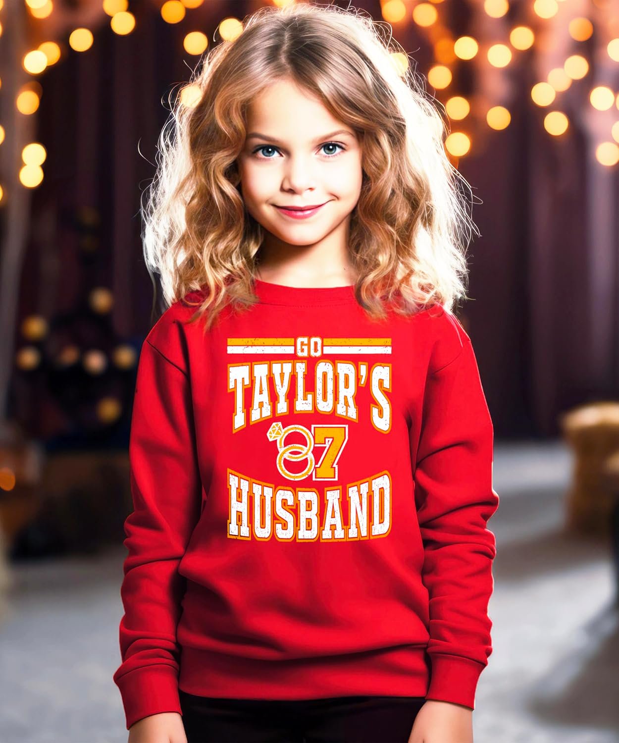 Mom and daughter matching in red Go Taylor's Husband football fan sweatshirts for game day