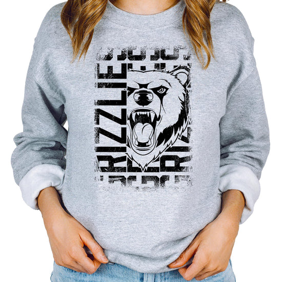 Adult wearing Grizzlies mascot sweatshirt, casual school sports team style
