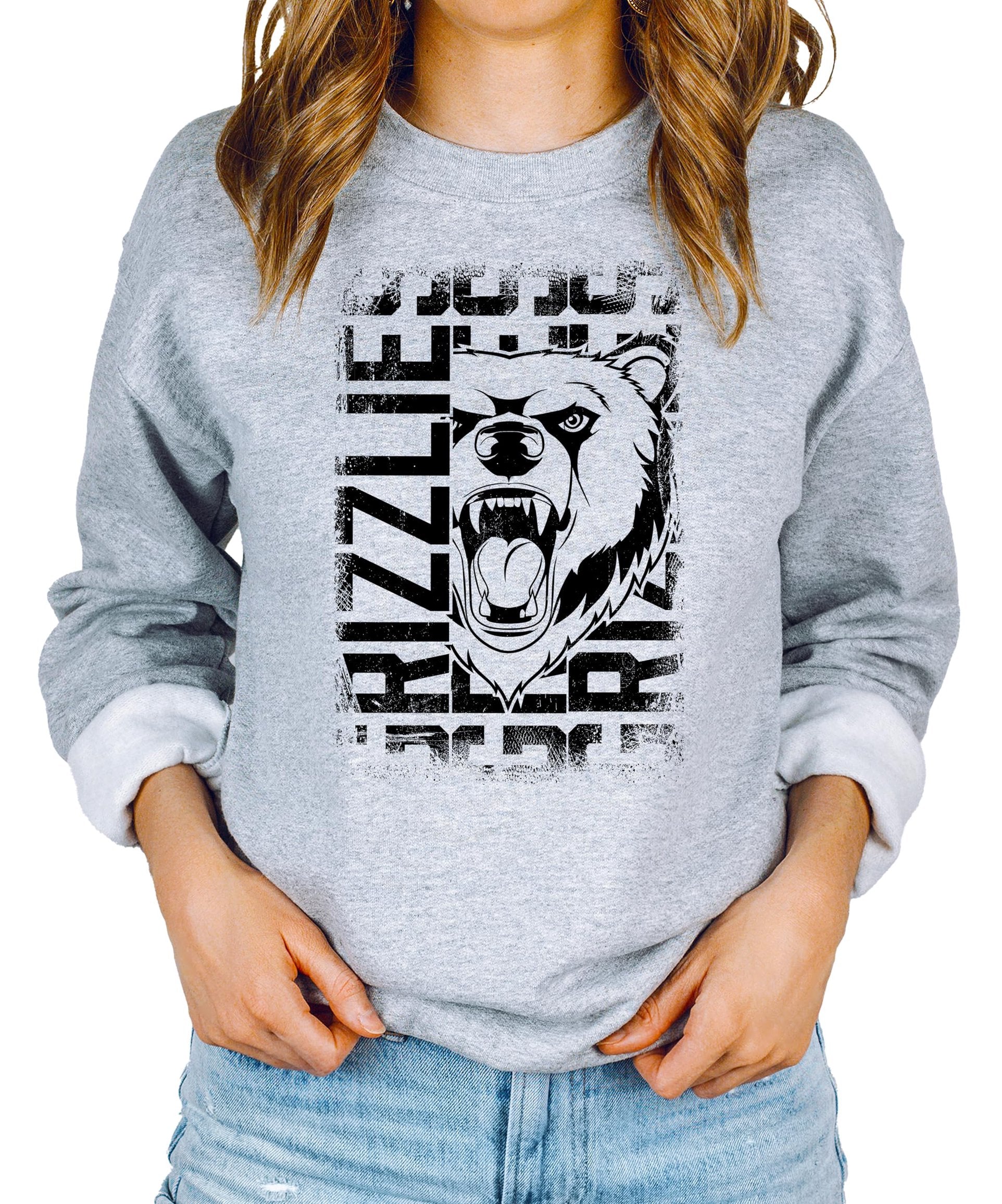 Adult wearing Grizzlies mascot sweatshirt, casual school sports team style