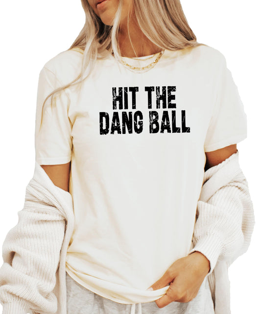 Women's distressed vintage red Hit The Dang Ball baseball graphic tee by Olive Loves Apple