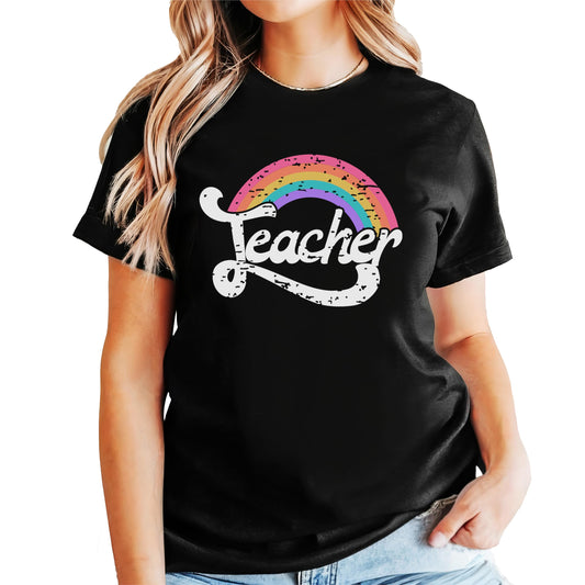 Women's black graphic tee with colorful rainbow teacher design for first and last day of school