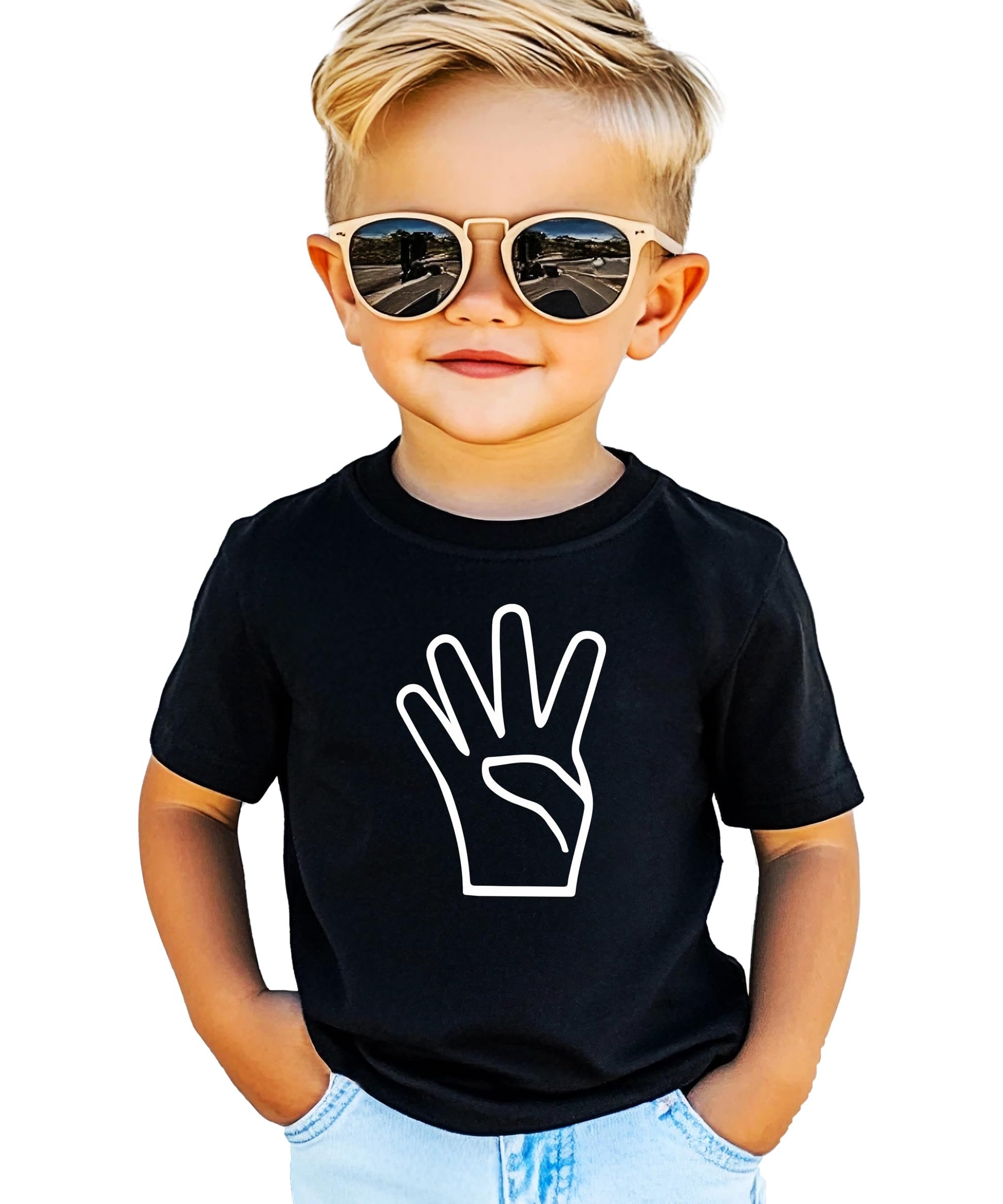 Close-up of vibrant age 4 birthday graphic print on soft black kids t-shirt