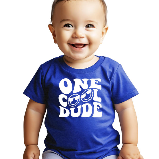 One Cool Dude retro graphic first birthday shirt for baby boys in black