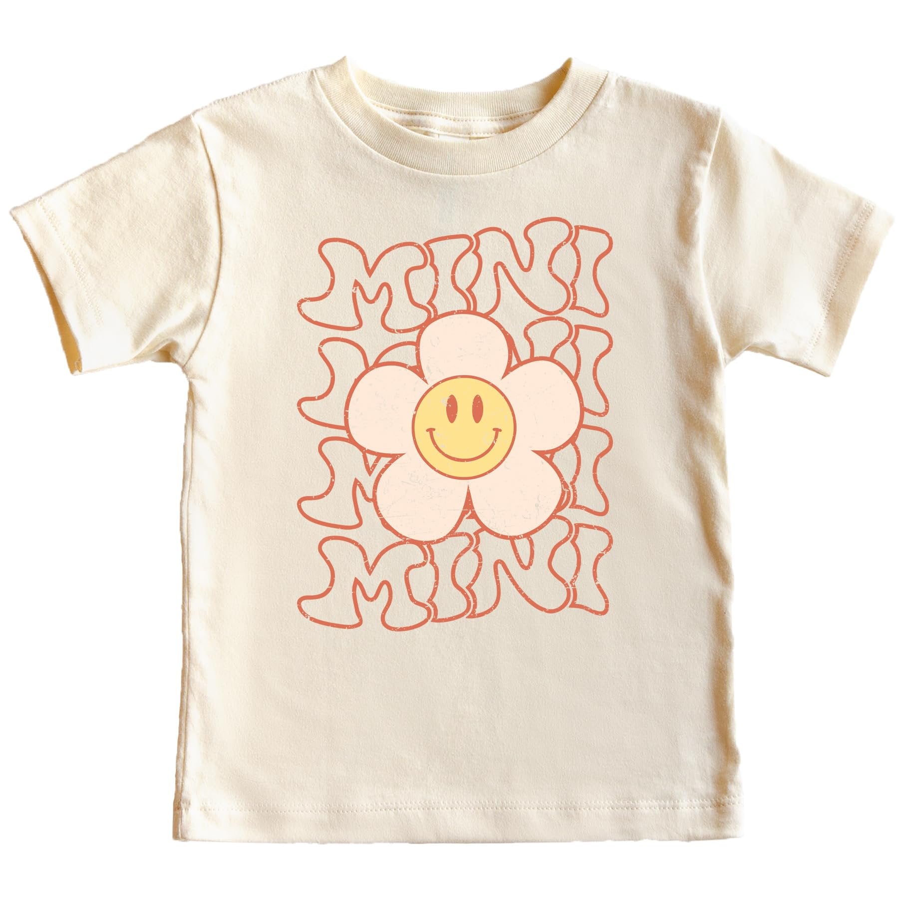 Side view of mommy and me Happy Daisy matching outfits on natural tee