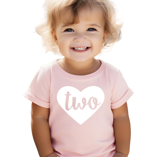 Toddler wearing Two in Heart 2nd birthday outfit shirt in purple