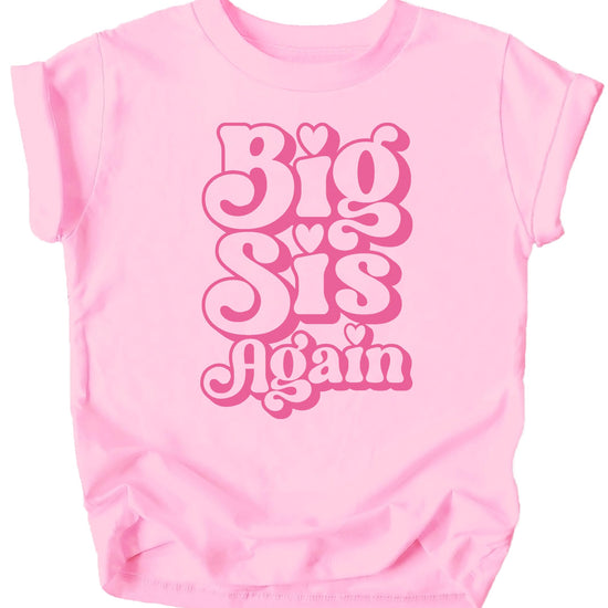 Front view of Big Sis Again youth graphic tee in natural with pink retro font