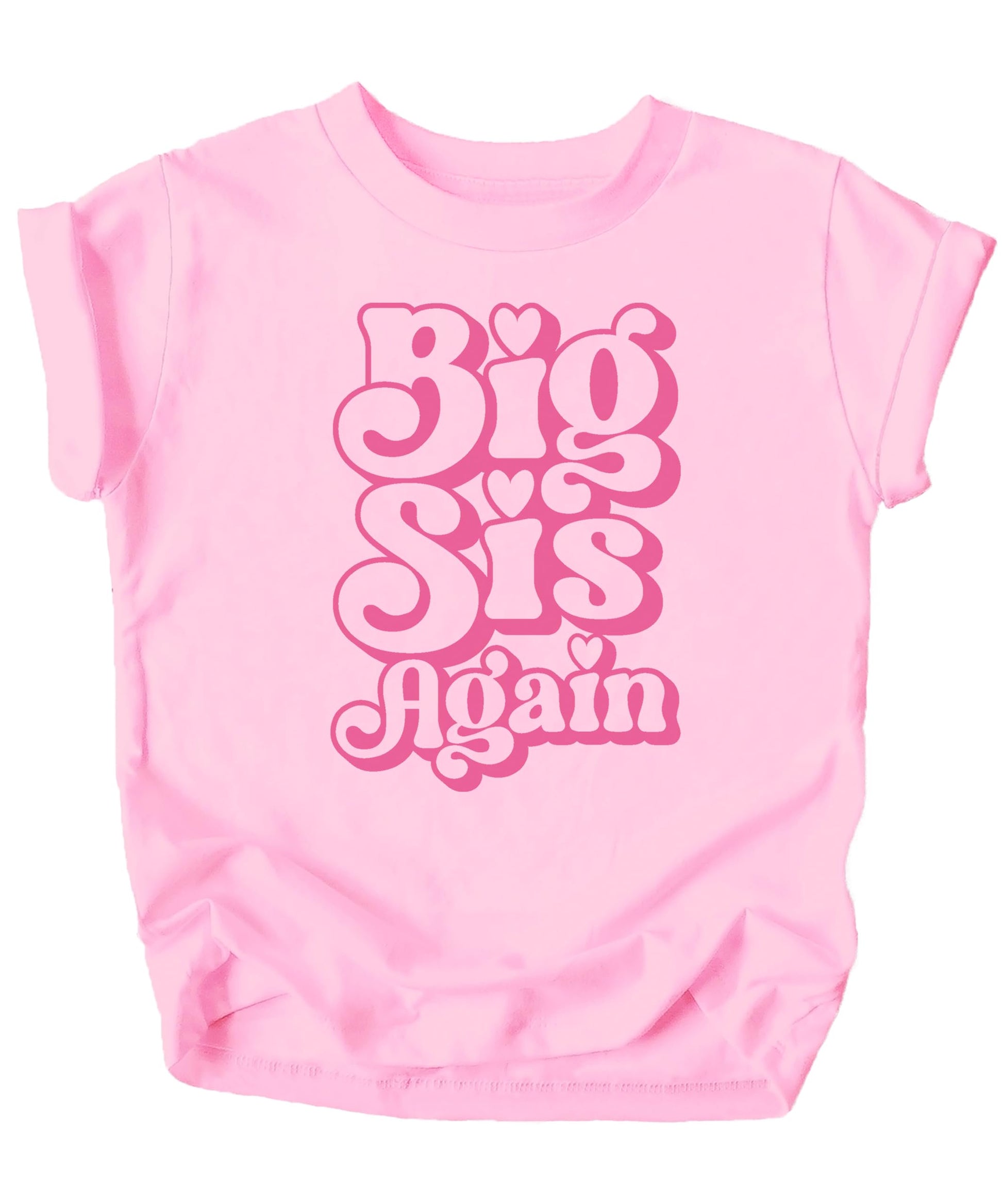 Front view of Big Sis Again youth graphic tee in natural with pink retro font