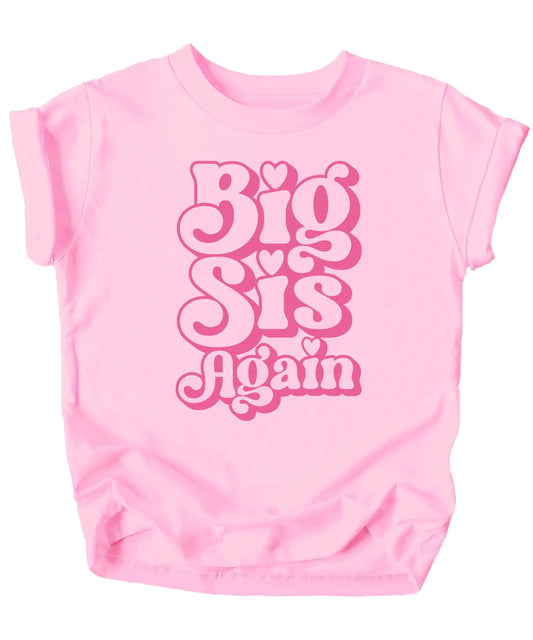 Front view of Big Sis Again youth graphic tee in natural with pink retro font