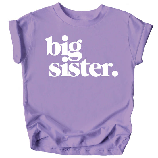 Purple youth t-shirt with white Big Sister text for pregnancy announcement
