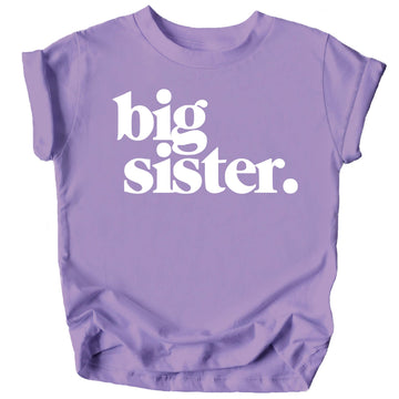 Purple youth t-shirt with white Big Sister text for pregnancy announcement