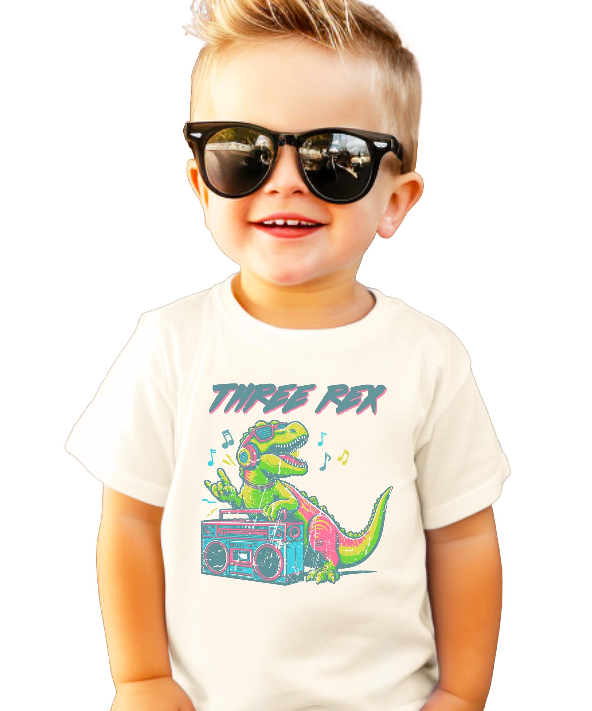 Toddler boys Three Rex DJ dinosaur birthday shirt with headphones and boombox graphic