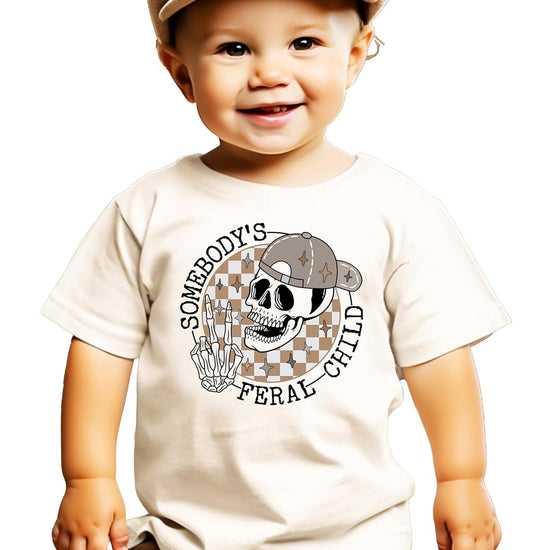 Kids natural tee with retro skeleton graphic wearing a cap and flashing a peace sign, Somebody's Feral Child design