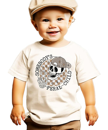 Kids natural tee with retro skeleton graphic wearing a cap and flashing a peace sign, Somebody's Feral Child design
